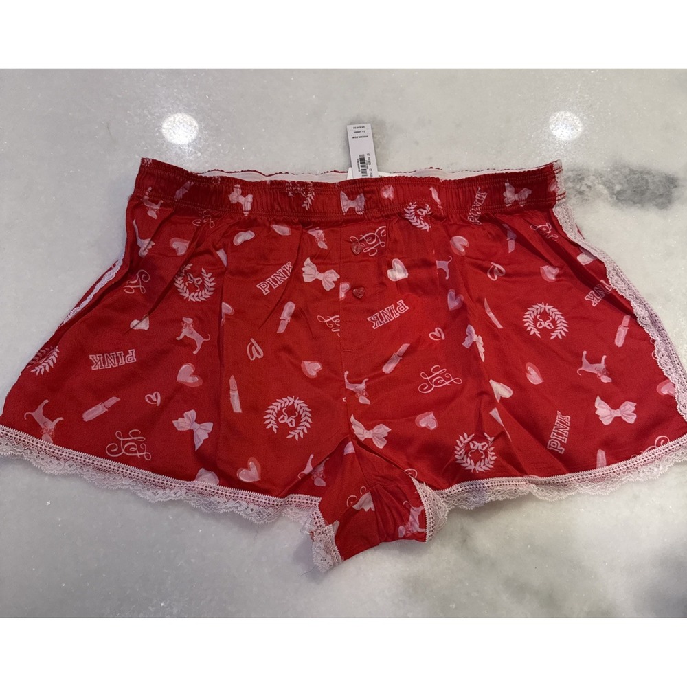 PINK LoveShackFancy Pajama Shorts Women M Red Lace Trim Heart Button Tencel NEW